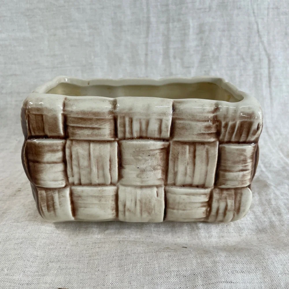 Brown Woven Basket Planter Shawnee Pottery 444 Farmhouse Vintage Cottagecore